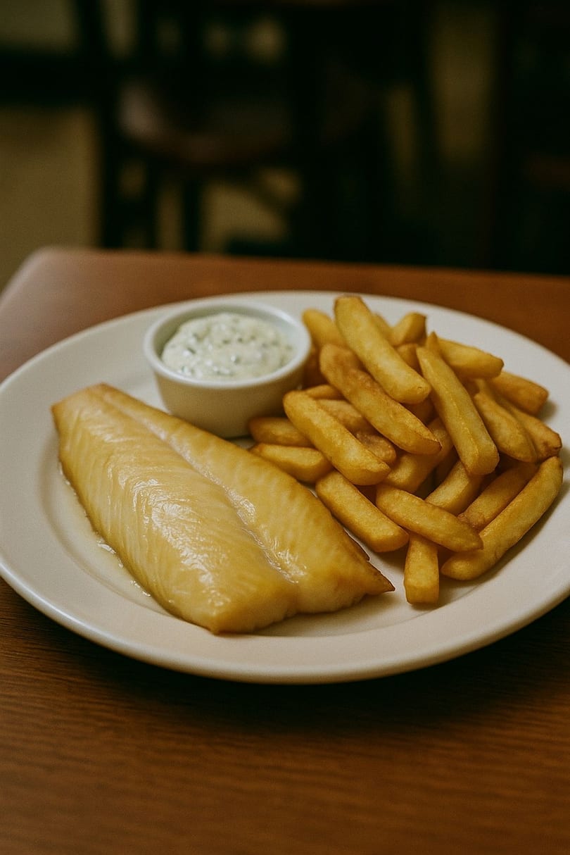 A plate of golden fried fish, crispy chips, and a side of tartar sauce on a wooden table.
