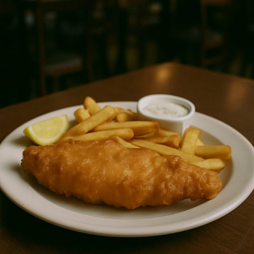 Golden-brown fish and chips with a lemon wedge and tartar sauce on a white plate.