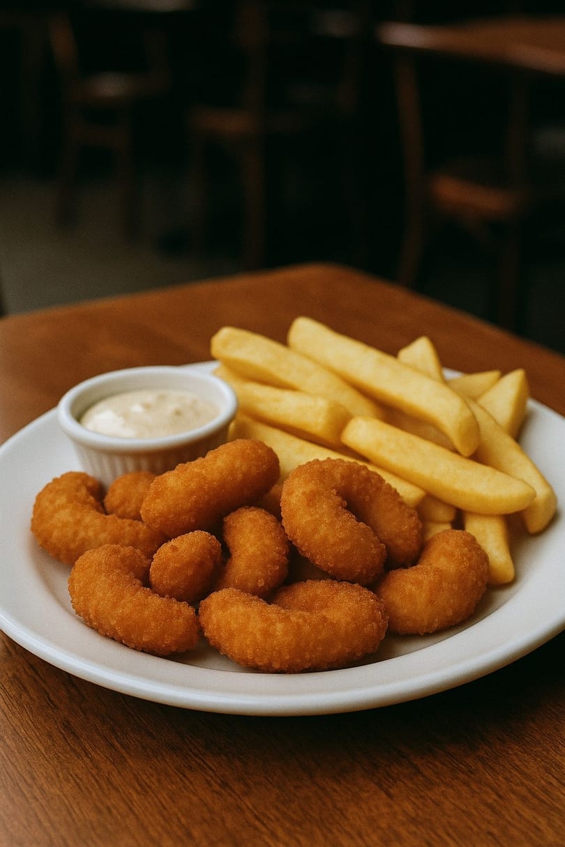A plate of golden fried shrimp and french fries with a side of dipping sauce on a wooden table.
